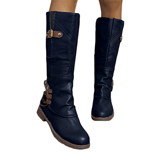 ticticlily Stiefel Damen Langer Schaft Warme Leder Stiefel Flach Vintage Ritter Stiefel Herbst Winter Langschaft Stiefel Winterschuhe B Blau 35 EU von ticticlily