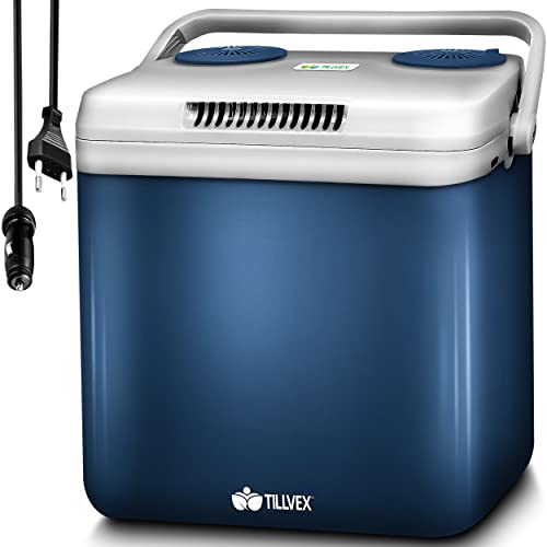 tillvex Kühlbox elektrisch 32L | Mini-Kühlschrank 230 V und 12 V für KFZ Auto Camping | kühlt & wärmt | ECO-Modus (Blau) von tillvex