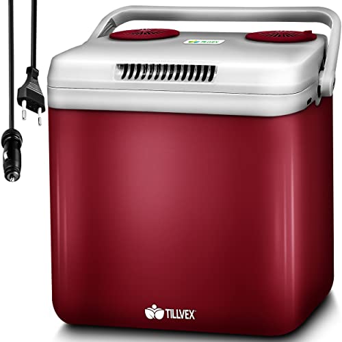 tillvex Kühlbox elektrisch 32L | Mini-Kühlschrank 230 V und 12 V für KFZ Auto Camping | kühlt & wärmt | ECO-Modus (Rot) von tillvex