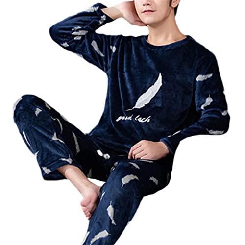 tinbarry Herren Schlafanzug Warm Lang Pyjama Set Winter Zweiteiliger Männer Fleece Schlafanzug Langarm Shirt und Pyjamahose Zweiteilig Set Langarm Nachtwäsche mit Tasche Sleepwear Hausanzug von tinbarry