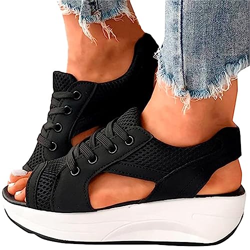 tinbarry Sandalen Damen Sommer Plateausandalen Muffin Sandalen Toe Plateau Sandalen Atmungsaktiv Sandalen Mesh Sport Schuhe mit Kontrasteinsätzen und Ausschnitt zum Schnüren für Damen von tinbarry