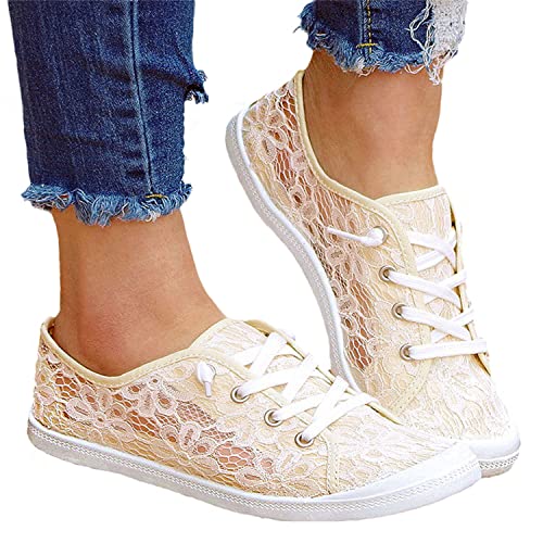 tinetill Canvas Sneakers Damen Flache Schuhe Spitze Blumenmuster Mesh Laufschuhe Low Top Turnschuh Atmungsaktive Sommer Outdoorschuhe Elegante Lässige Slip Ons Schnürschuhe von tinetill