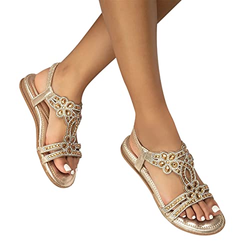 tinetill Flache Sandalen Damen Strass Boho T-Riemen Sommer Sandalen Weichen Sohlen Sommerschuhe Gummiband Slingback Zehentrenner Sandalen Mädchen Strandschuhe Beach Freizeitschuhe von tinetill