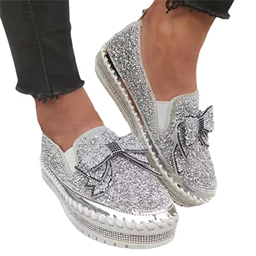 tinetill Sneaker Damen Strass Sneaker Pailletten Laufschuhe Plateau Flache Schuhe Glitzer Loafers Turnschuhe Freizeitschuhe Slip-On Halbschuhe Pailletten Walkingschuhe von tinetill