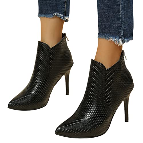 tinetill Stiefeletten Damen Stiletto Absatz Spitze High Heel Strukturiertes Faux Leder Stiefel mit Reißverschluss Mode Elegant Heel Dress Schuhe Herbst Winter Stiefeletten von tinetill