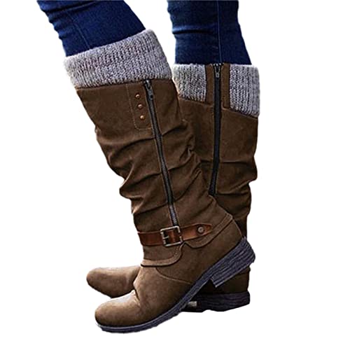 tinetill Winterschuhe Damen Stiefel Lange Warme Winterstiefel Mit Blockabsatz Langschaft Boots Flach Casual Stiefel Reißverschluss Klassisch Westernstiefel von tinetill