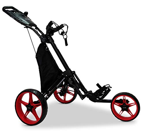 tour made RT-140 3-Rad Push Golftrolley klappbar I Zuladung bis 25kg - starker Alu-Rahmen I Deutsche Markenqualität I viel Zubehör inklusive (Black-Red) von tour made