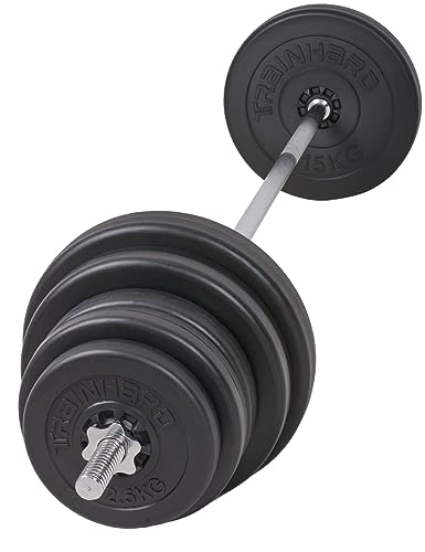 85 kg Langhantelset aus 1,8 m Hantelstange, Schraubenverschlüsse und Gewichten (2 x 2,5 kg, 4 x 5kg, 2 x 10 kg, 2 x 15 kg) von trainhard