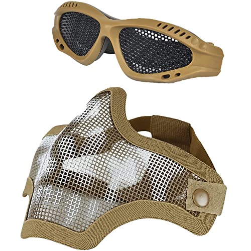 tryway Taktische Airsoft-Maske und Schutzbrille, Halbgesichts-Totenkopf-Maske mit Airsoft-Brille für Outdoor-CS-Spiel und Jagd (Khakisk) von tryway