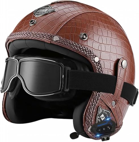 Bluetooth-Halbgesichts-Motorradhelm Im Deutschen Stil Aus Leder Im Vintage-Stil Mit Schutzbrille, Offener Helm Mit Niedrigem Profil For Erwachsene, Männer Und Frauen, DOT/ECE-zugelassener Sommer-Motor von tylxayoxa