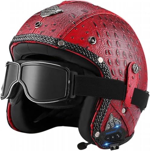 Motorradhelm Mit Offenem Gesicht Und Bluetooth, Retro-Jet-Motorradhelm Aus Leder, Halbhelm For Erwachsene Mit Modischer Schutzbrille, ECE-geprüft, 3/4-Helme For Herren Und Damen, Moped-Roller(G,XL = 6 von tylxayoxa