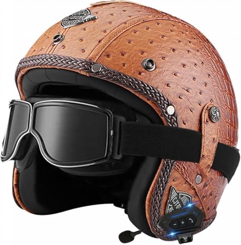 Retro-Leder-Helm Mit Offenem Gesicht Und Bluetooth-Technologie, 3/4-Jet-Motorradhelm, Modische Schutzbrille, Abnehmbare Krempe, ECE-zugelassener Halbhelm For Männer Und Frauen, Halbhelm For Erwachsene von tylxayoxa