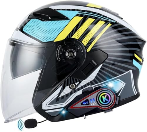 Retro-Motorrad-Jethelm Mit Offenem Gesicht Und Bluetooth, 3/4-Crash-Jet-Helm Mit Herunterklappbarer Sonnenblende, Motorrad-Halbhelm, Zugelassen for Erwachsene Männer Und Frauen(B,63-64) von tylxayoxa