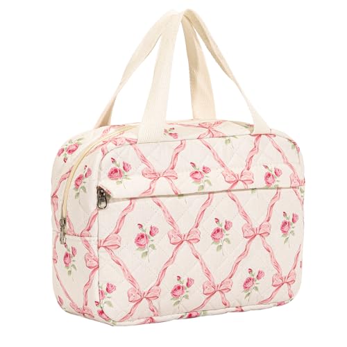 Große gesteppte Kosmetiktasche mit niedlichem Blumenmuster, Baumwolle, Reise-Kosmetik-Organizer-Tasche mit Tragegriff oben, mehrschichtiger Reise-Kulturbeutel für Mädchen, 03Rosa Schleifen von uekeboag