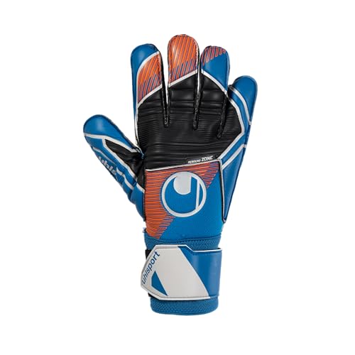 uhlsport Fußball Torwarthandschuhe für Kinder und Erwachsene, Soft Pro - atmungsaktive Fussball Torhüter-Handschuhe mit Handgelenkfixierung und herausragendem Grip, blau/orange/weiß, Größe 5-11 von uhlsport