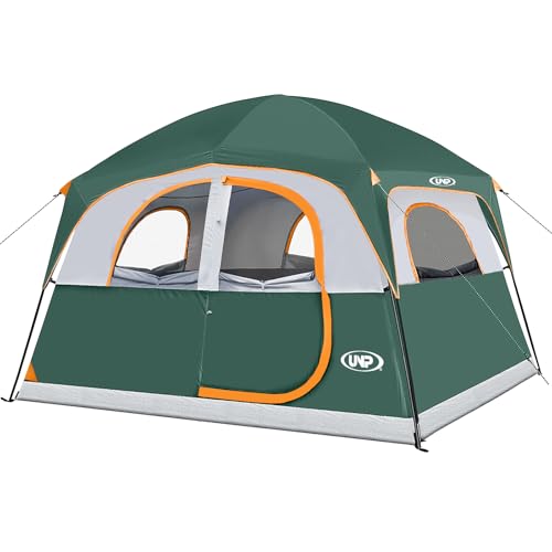 UNP Zelte für 6 Personen, wasserdicht, winddicht, einfacher Aufbau, doppellagiges Familien-Campingzelt mit 1 Netztür und 5 großen Netzfenstern, 3 m x 2,4 m x 2,9 m x 2,9 cm (H) (Dunkelgrün) von unp