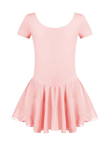 Untlet Ballettkleid Mädchen Kinder Kurarm Ballettanzug Ballett Trikot Kurzarm Body mit Chiffon Wickelrock Kinder Ballettkleidung Tanzkleid Tanzbody,Hellrosa,120 von untlet