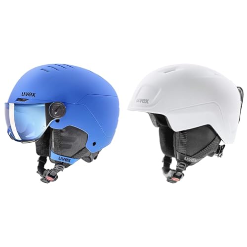 uvex Rocket jr Visor - Skihelm für Kinder - mit Visier - individuelle Größenanpassung - Blue matt - 54-58 cm & heyya pro - Skihelm für Kinder - individuelle Größenanpassung weiß-schwarz matt 54-58 cm von uvex