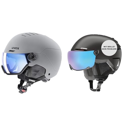 uvex Wanted Visor Skihelm für Damen und Herren Rhino matt 58-62 cm & Atomic Savor Visor Stereo Skihelm mit Visier Schwarz Größe L Maximale Stoßdämpfung Active Aircon Belüftungssystem von Uvex