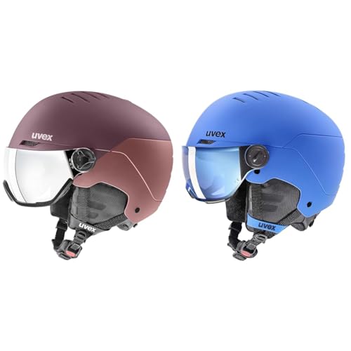 uvex Wanted Visor Skihelm für Damen und Herren mit Visier Rose matt 54-58 cm & Rocket jr Visor Skihelm für Kinder mit Visier individuelle Größenanpassung Blue matt 54-58 cm von uvex