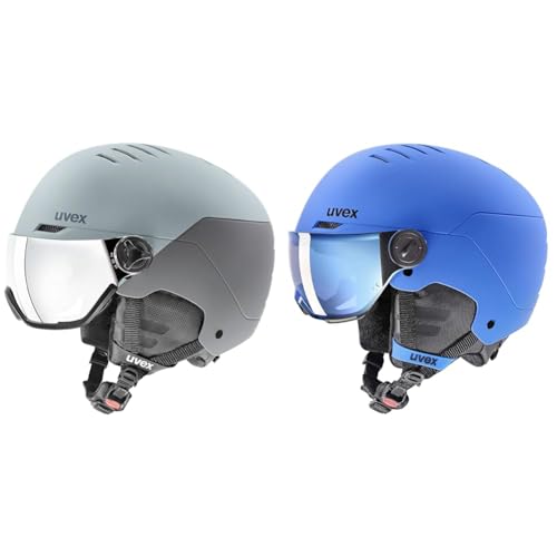 uvex Wanted Visor - Skihelm für Damen und Herren - mit Visier - individuelle Größenanpassung - Glacier - Rhino matt - 54-58 cm & Rocket jr Visor - Skihelm für Kinder - mit Visier Blue matt - 54-58 cm von uvex