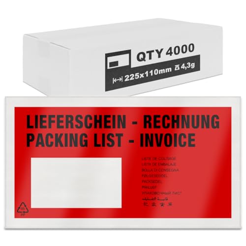 verpacking Lieferscheintaschen 225 x 110 mm Rot DIN Lang [ Farbe und Stückzahl wählbar] selbstklebend Dokumententasche Begleitpapiertasche für Rechnungen und Dokumente 4000 Stück von verpacking