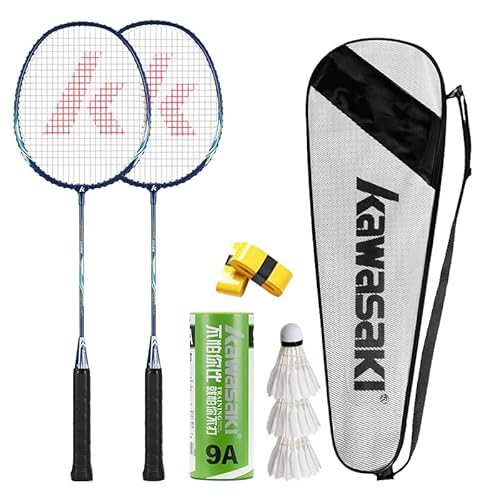 vicleo Kawasaki Badmintonschläger Badminton-Set mit 3 Badminton-Birdies, 2 Badmintonschlägern, 2 Badminton-Overgrip, 1 tragbare Badmintonschlägertasche für Training, Sport Blau von vicleo