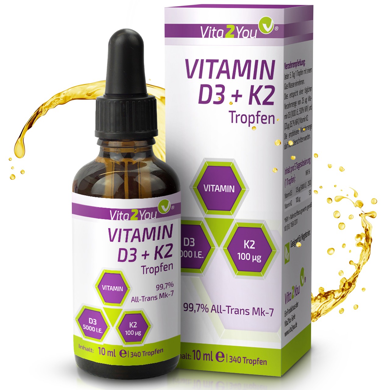 Vita2You Vitamin D3 + K2 Tropfen - 5000 IE D3 - Vitamin K2 100mcg - 340 Porti... von vita2you