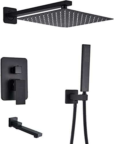 Duschsystem, verdecktes Duschmischer-Set, wandmontiertes mattschwarzes Messing-Duscharmatur-Set mit Handbrause und Regenduschkopf (enthält Hahn-Vorbauventilkörper und Verkleidung), 10 Zoll (10 Zoll) von vkeid