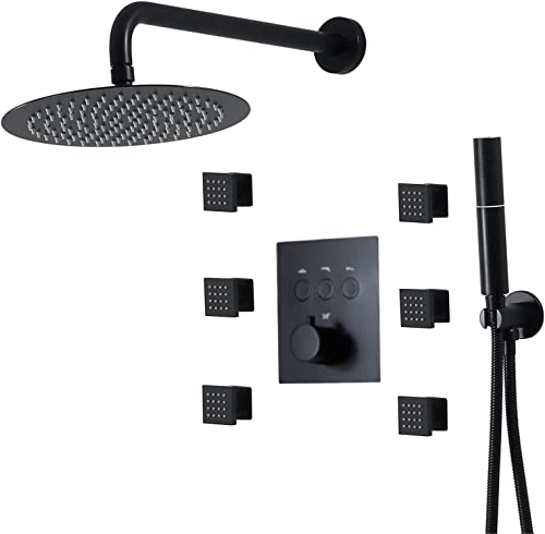 vkeid 3-in-1-Duscharmatur-Set, thermostatisches Duschsystem zur Wandmontage fürs Badezimmer, 245-mm-Duschkopf mit Top-Sprühfunktion und Handbrause mit 2 Funktionen, Chrom (Schwarz) von vkeid