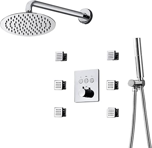 vkeid 3-in-1-Duscharmatur-Set, thermostatisches Duschsystem zur Wandmontage fürs Badezimmer, 245-mm-Duschkopf mit Top-Sprühfunktion und Handbrause mit 2 Funktionen, Chrom (Schwarz) von vkeid