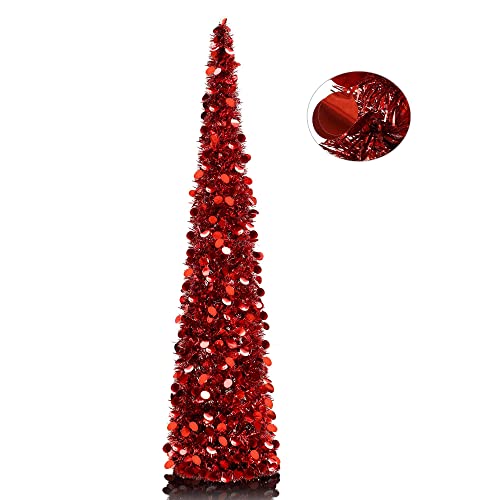 vkeid 5' roter Lametta-Pop-Up-künstlicher Weihnachtsbaum, zusammenklappbarer Bleistift-Weihnachtsbaum mit Pailletten-Akzenten für den Weihnachtsbaum (dunkelrot) modisch von vkeid