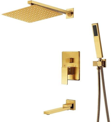 vkeid Duscharmatur-System-Mischbatterie-Set, Badezimmer-Duscharmatur-Set, gebürstetes Gold, quadratisch, Regenduschen-Wasserhahn, wandmontierter Duschmischer, 10-Zoll-Duschkopf mit Handbrause und von vkeid