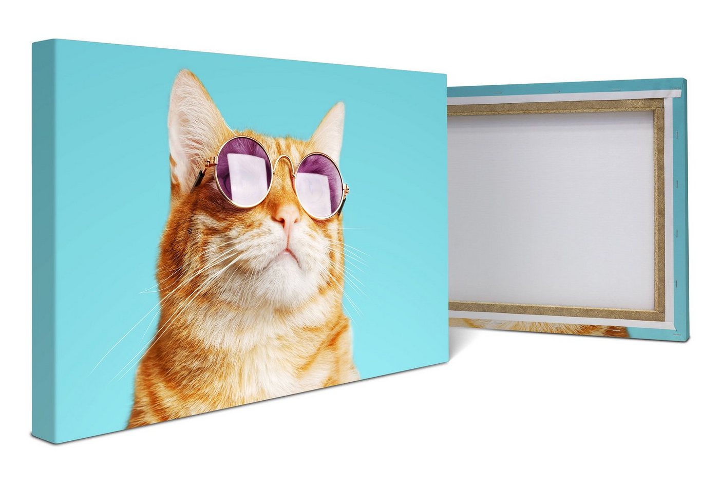 wandmotiv24 Leinwandbild gestreifte Katze, violette Sonnenbrille, Tiere (1 St), Wandbild, Wanddeko, Leinwandbilder in versch. Größen von wandmotiv24
