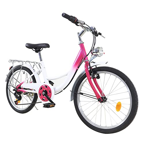 wanwanper 20 Zoll Kinderfahrrad Jugendrad 6-Gang-Fahrrad Kinder Mädchen Fahrrad Kinderrad Citybike passen für Jungen Mädchen, Rosa + Weiß von wanwanper