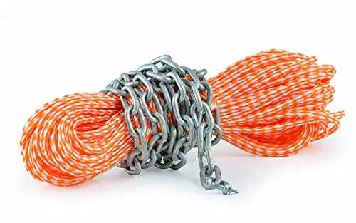 wellenshop 8mm, 30m Lange Ankerleine mit Kettenvorlauf Ankerkette mit Schäkel Tauwerk Leine Tau Seil Anker Boot, Farbe orange/weiß, Kette verzinkt von wellenshop