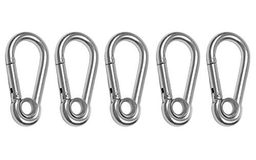 wellenshop 5X Karabiner-Haken Durchmesser Ø7 Länge 70 mm mit Auge Öse Kausch Edelstahl V4A Rostfrei Boot Outdoor Camping von wellenshop