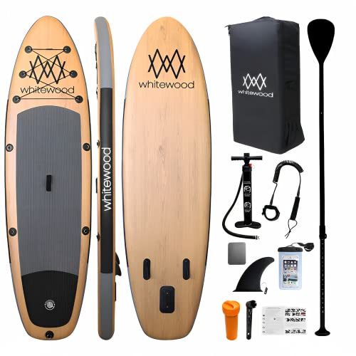 Whitewood SUP Board Stand Up Paddle Aufblasbares 10’ 335 cm Premium Design Holz iSUP, 150kg Capacity 2 Personen, mit Accessories – Backpack, Pump, Adjustable Paddle, Leash, Waterproof Case von whitewood