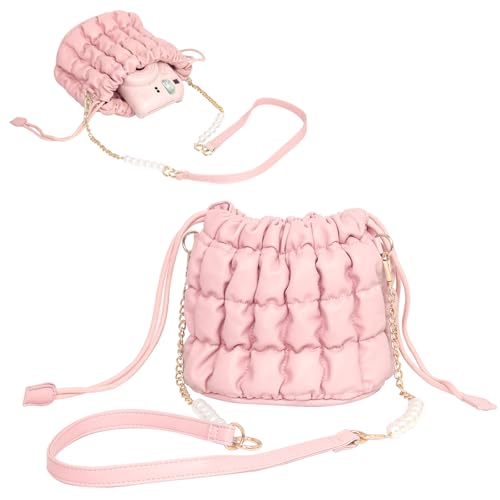 wogozan Kameratasche Crossbody für Polaroid Fujifilm Instax Mini 12/11/99/90/SE/7+/EVO/LiPlay SQ Sofortbildkamera, Kameratasche Geldbörse mit abnehmbarem Perlenkettenriemen (Pink Cloud Puffs) von wogozan