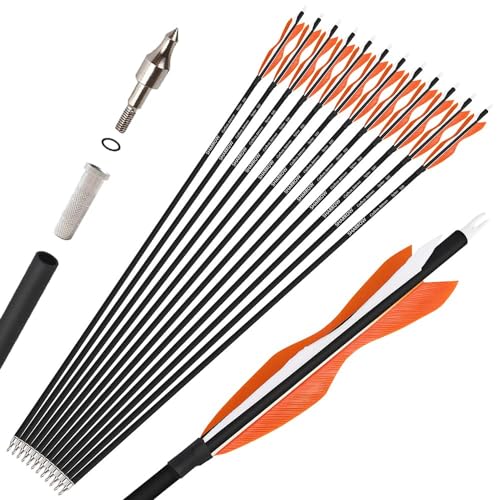 wolfman 12X Carbonpfeile für Bogenschießen Spine 500 Pfeil Bogen Pfeile Carbon Jagdpfeile Zielpfeile mit 5 Zoll Natürliche Federn Pfeil für Recurvebogen Compoundbogen(2 orange 1 weiß, 33 Zoll) von wolfman