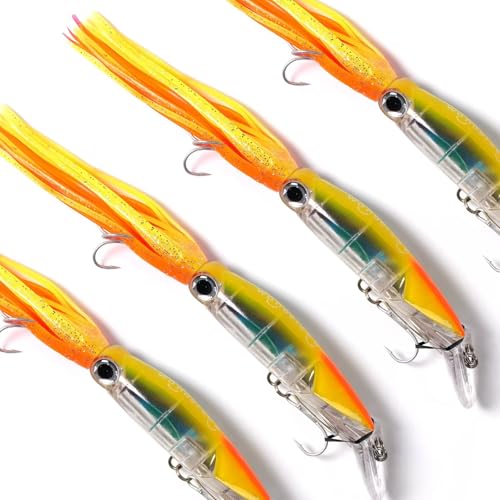 Wondersee Squid Angelköder, weich, hart, Schwimmköder, Crankbait Jig, Simulation, gewichtet, holografisch, 4 Stück, Orange und Gelb von wondersee