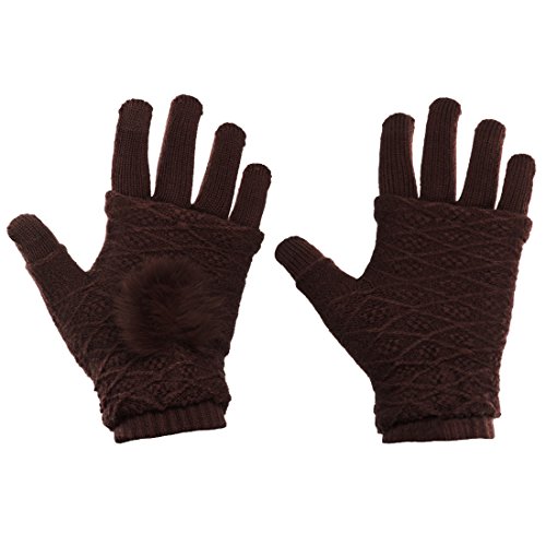 wortek Handschuhe Damenhandschuhe Touchscreen warme Winterhandschuhe mit Kunstfell-Puschel Armstulpen flauschiger Pompon Gloves Touch Sense Pad für Smartphone/Handy/Tablet Größe S-M Braun von wortek