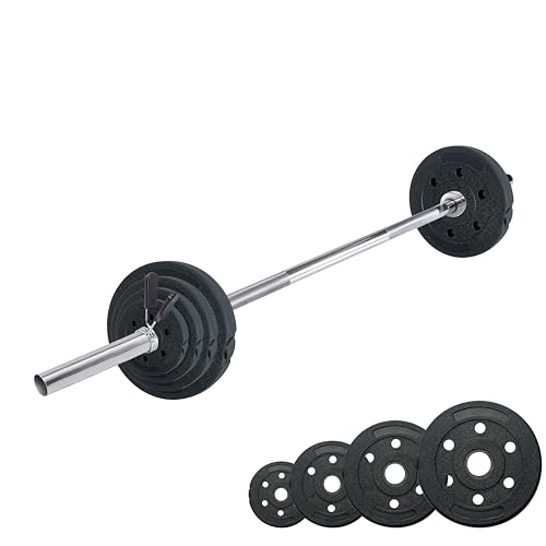 wuuhoo® Langhantelstange & Hantelscheiben im Set Marcel, 26kg-60kg, Hantelstange 30mm, Stahl verchromte Hantel, Zement Hantelscheiben 30mm, 120cm-200cm Set 7-60kg von wuuhoo