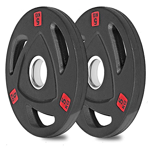 wuuhoo® olympische Hantelscheiben Ray 50mm, Langhantelgewicht 2er Set, Hantelscheibe gummiert mit Stahlkern und Griffen, beschichtet in Schwarz - Fitnessgerät für Zuhause, modernes Design 2 x 5kg von wuuhoo