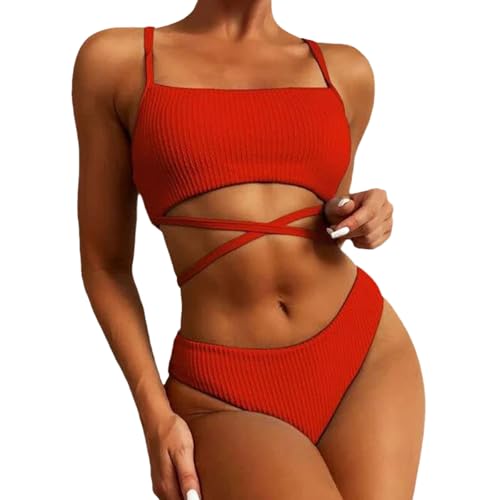 xbiez Damen-Bikini-Set, einfarbig, 2-teilig, Bademode, hoher Badeanzug für den Strand von xbiez