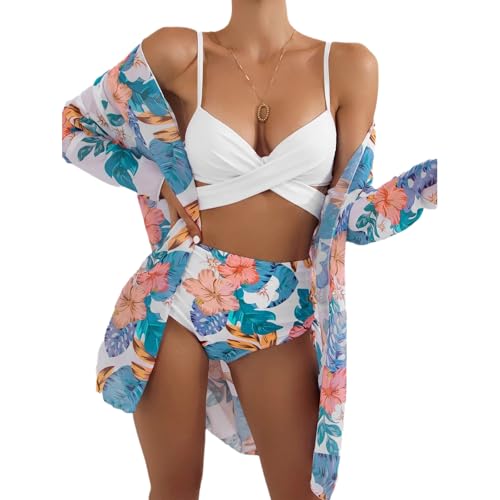 xbiez Hoher Damen-Badeanzug, 3-teilig, mit Kimono, Blumendruck, Twist-Front, Bikinis-Set von xbiez