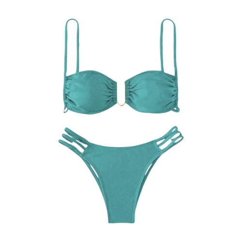 xbiez Zweiteiliger Damen-Bikinis, hoher Schnitt, weiche Tasche, Bikinis, Badeanzug, Strandmode, Spaghettiträger, rückenfrei, Badebekleidungs-Set von xbiez