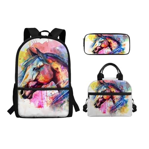 xixirimido Schul-Büchertaschen-Set Lunchbox Federmäppchen Tasche für Jungen Mädchen, Buntes Pferd, Einheitsgröße, Lässiger Tagesrucksack von xixirimido