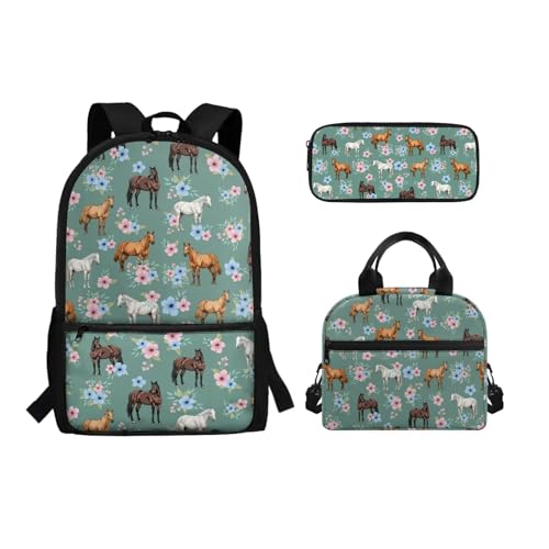 xixirimido Schul-Büchertaschen-Set Lunchbox Federmäppchen Tasche für Jungen Mädchen, Pferd Floral, Einheitsgröße, Lässiger Tagesrucksack von xixirimido