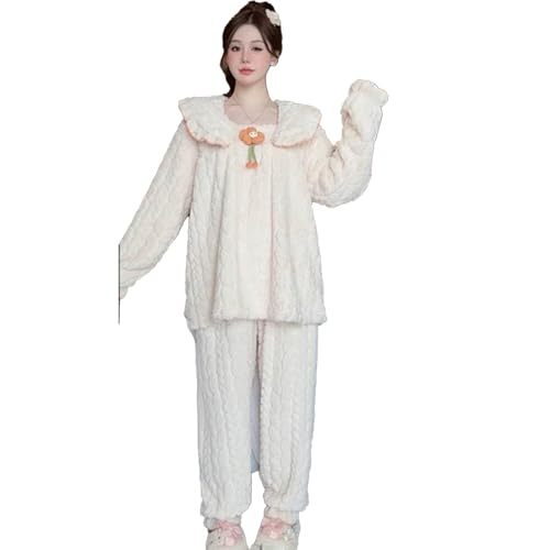 100 Kg Übergroßes Korallen-Fleece-Pyjama-Set Für Damen, Herbst Und Winter, Dick, Warm, Süß, Loungewear, Feste Nachtwäsche, Oberbekleidung,Beige,XL von yanenrun